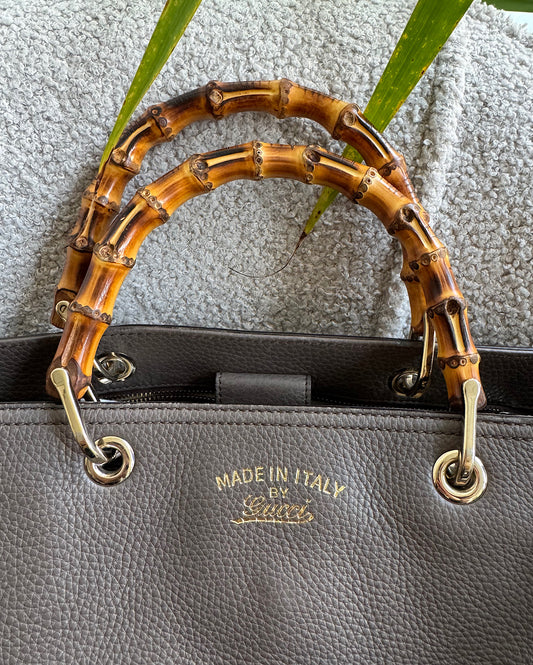 Brown Leather Bamboo Handle Tote