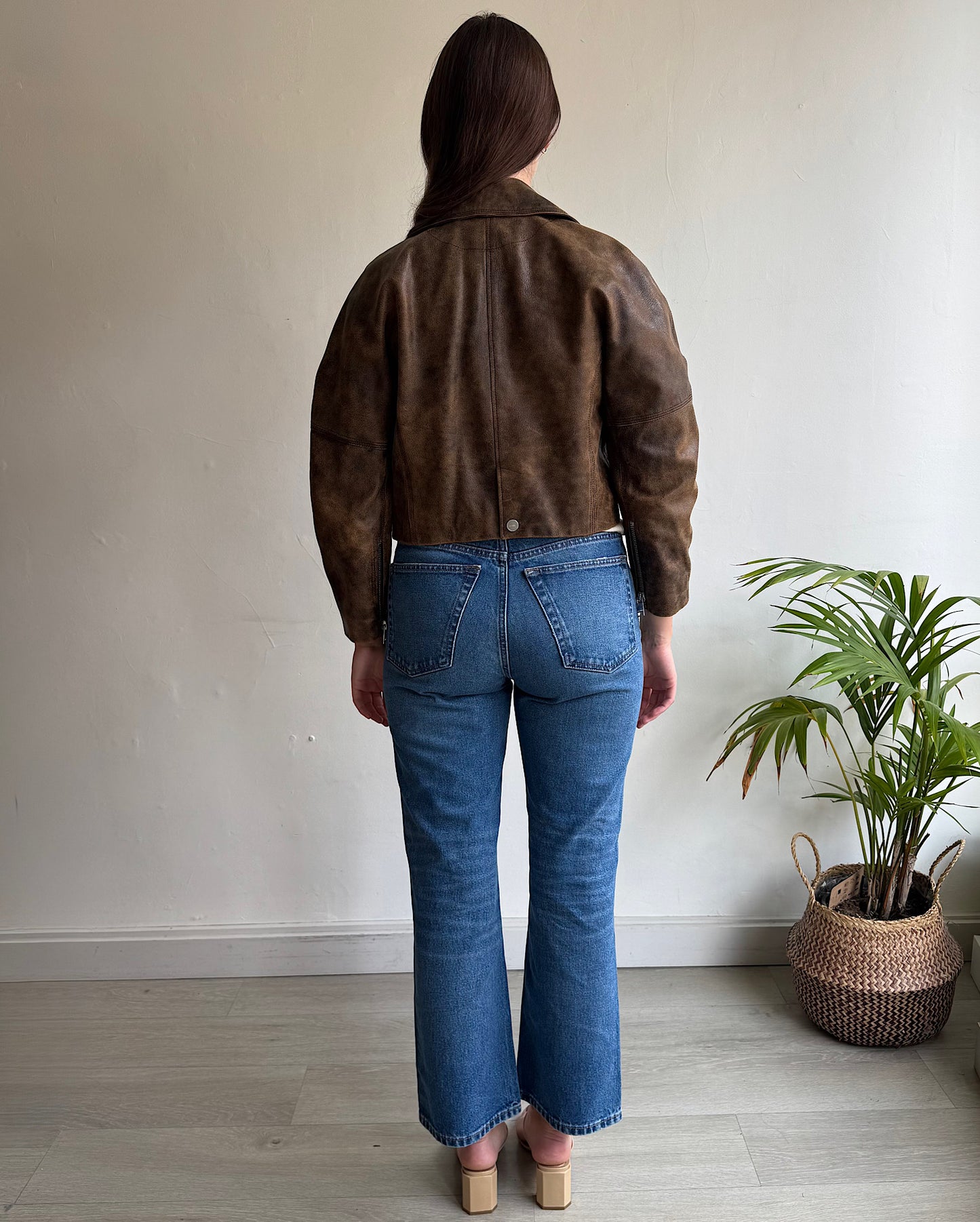 Brown Cropped Leather Jacket ~ Size XS