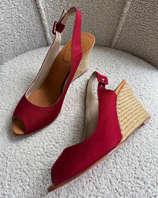 Dark Red Satin Slingback Wedges ~ Size 8