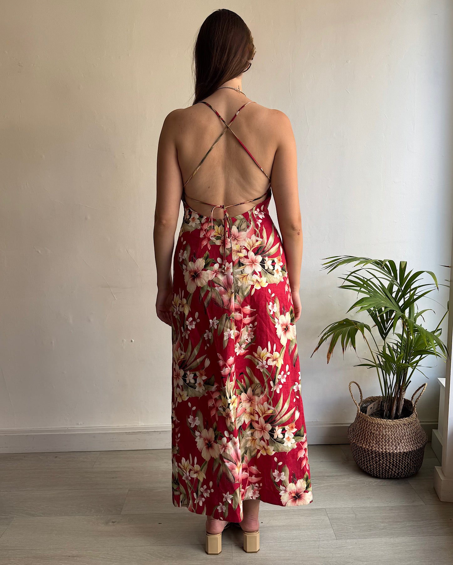 Red Floral Linen Dress ~ Size 12
