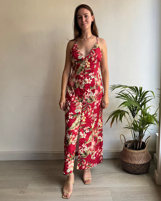 Red Floral Linen Dress ~ Size 12