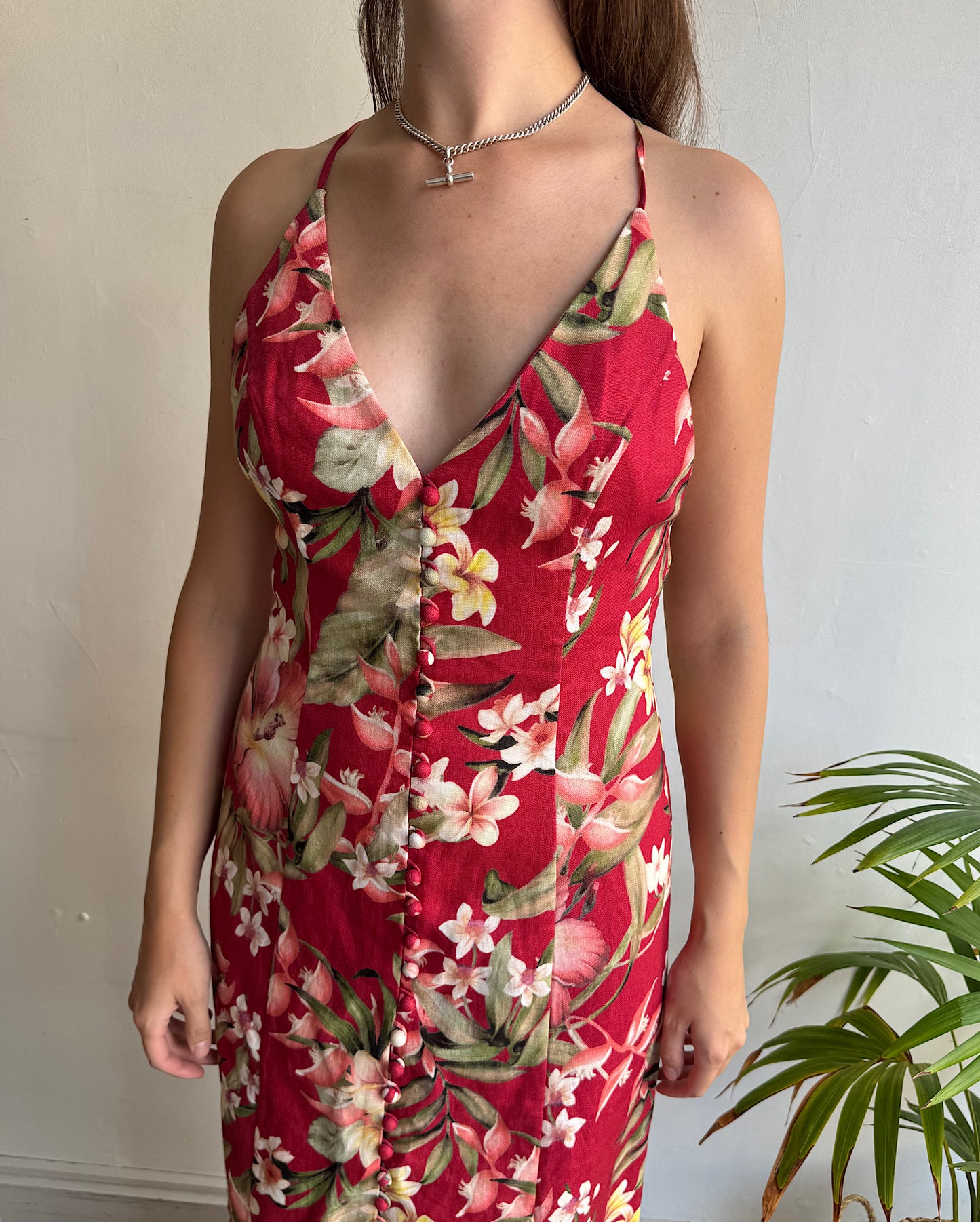Red Floral Linen Dress ~ Size 12