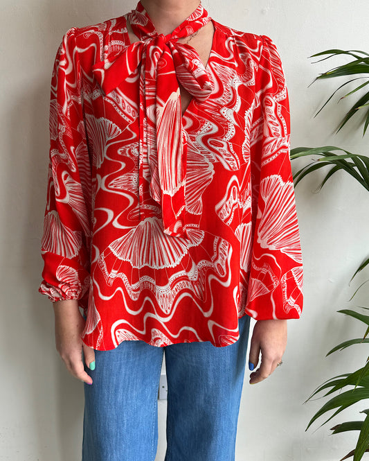 Red and White Silk Blouse ~ Size M