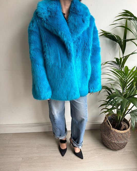 Turquoise Faux-Fur Coat ~ Size M