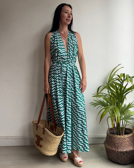 Alexandra Miro Green White Backless Dress ~ Size XS
