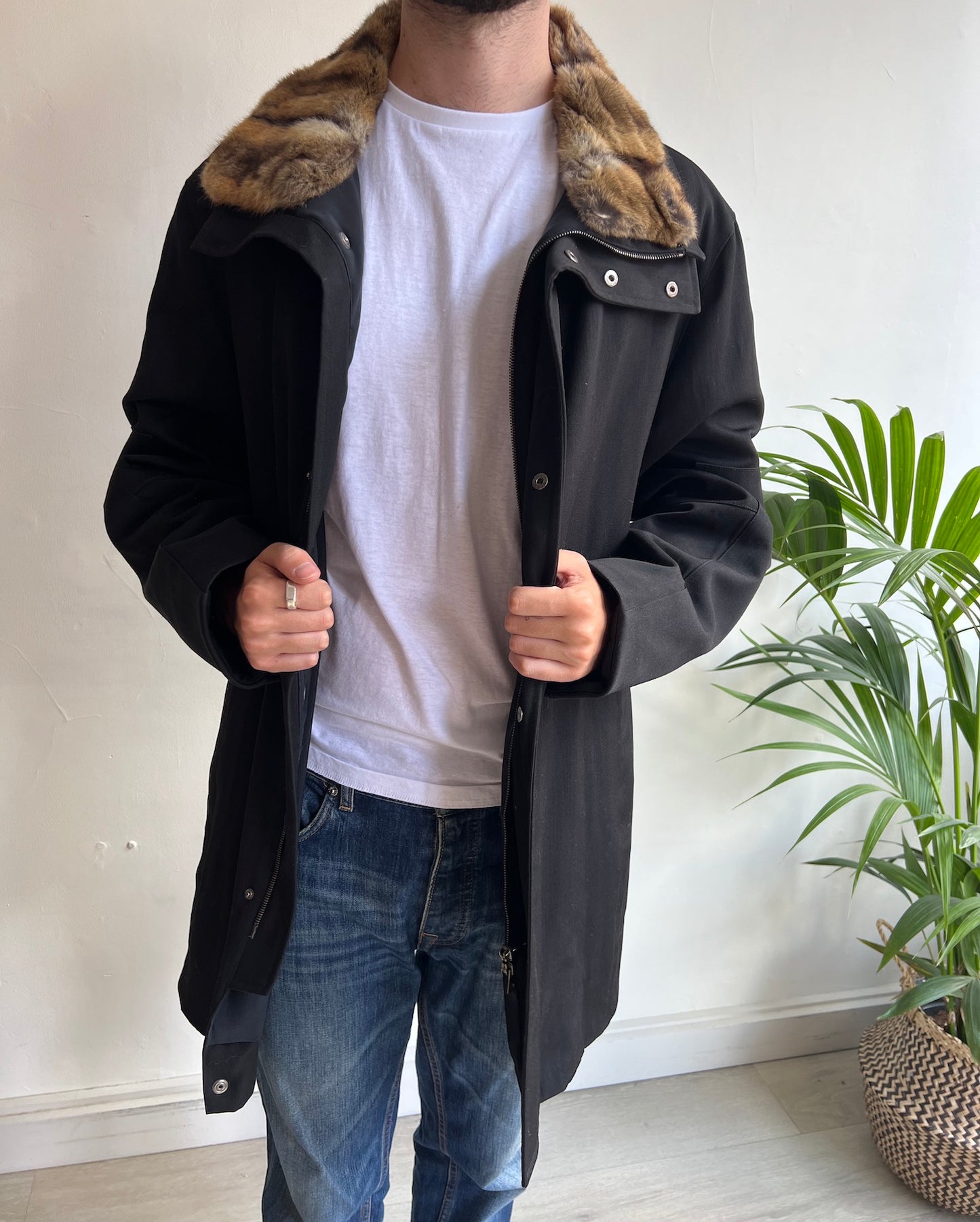 Black Parka with Detachable Fur Collar by Gucci ~ Size M front open