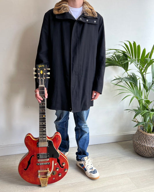 Black Parka with Detachable Fur Collar by Gucci ~ Size M model stood with guitar