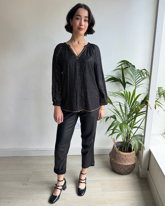 Font view of stunning Velvet by Graham & Spencer black & gold peasant-style top.