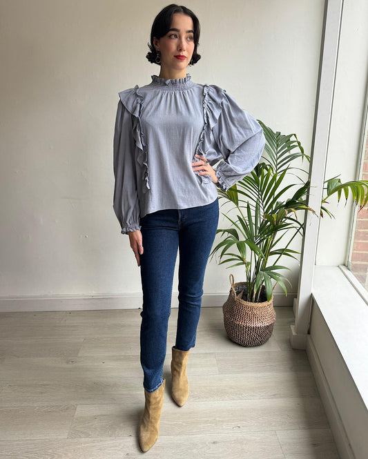 Front view of beautiful frilled fleck 'Hariet' blouse by Bellerose