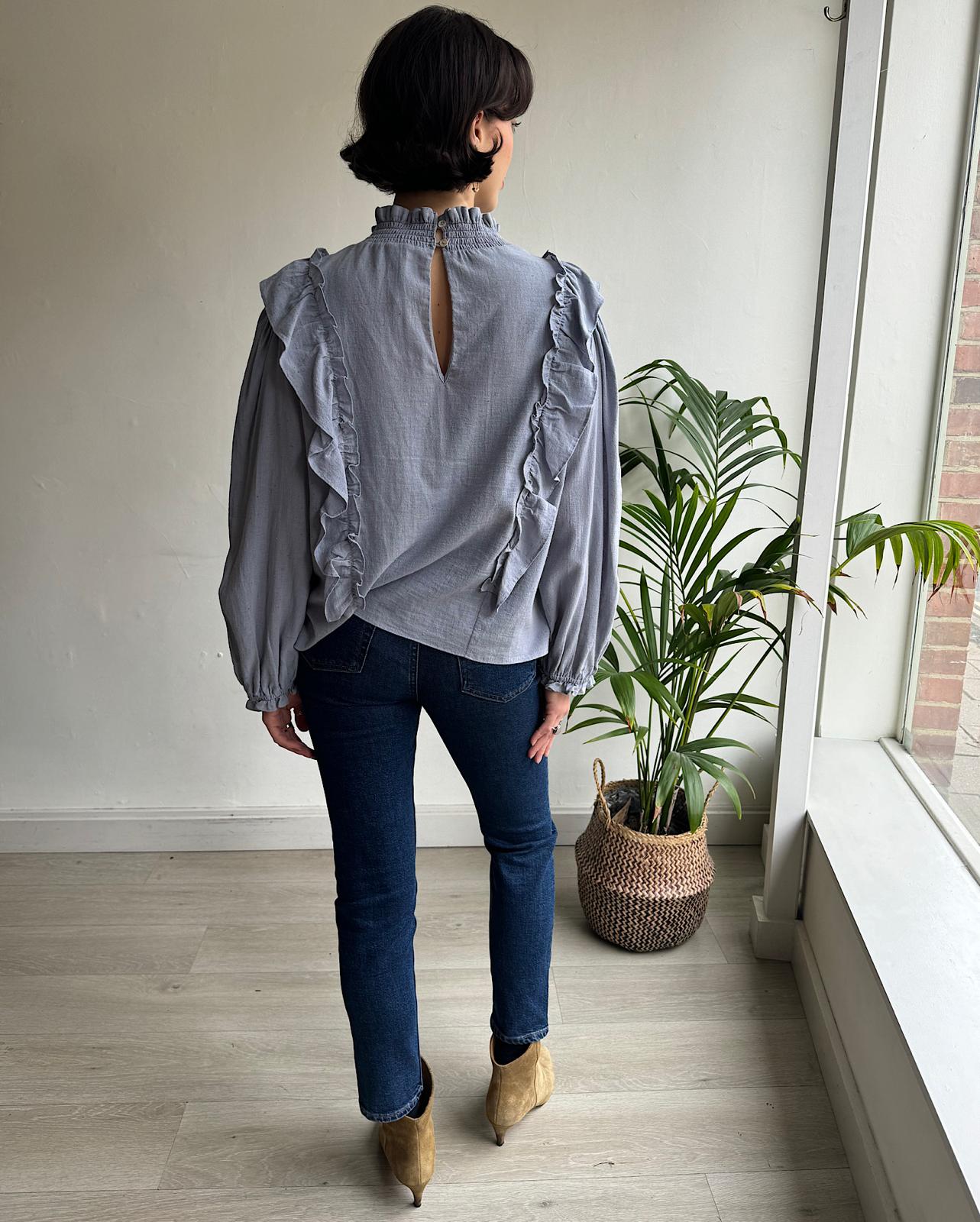 Back view of beautiful frilled fleck 'Hariet' blouse by Bellerose