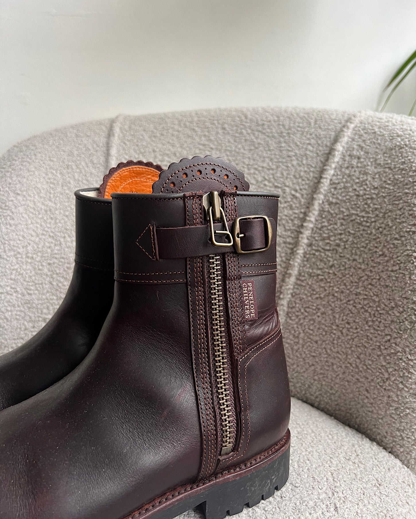 Brown Penelope Chilvers Leather Boots ~ Size 6 close up of zip and buckle