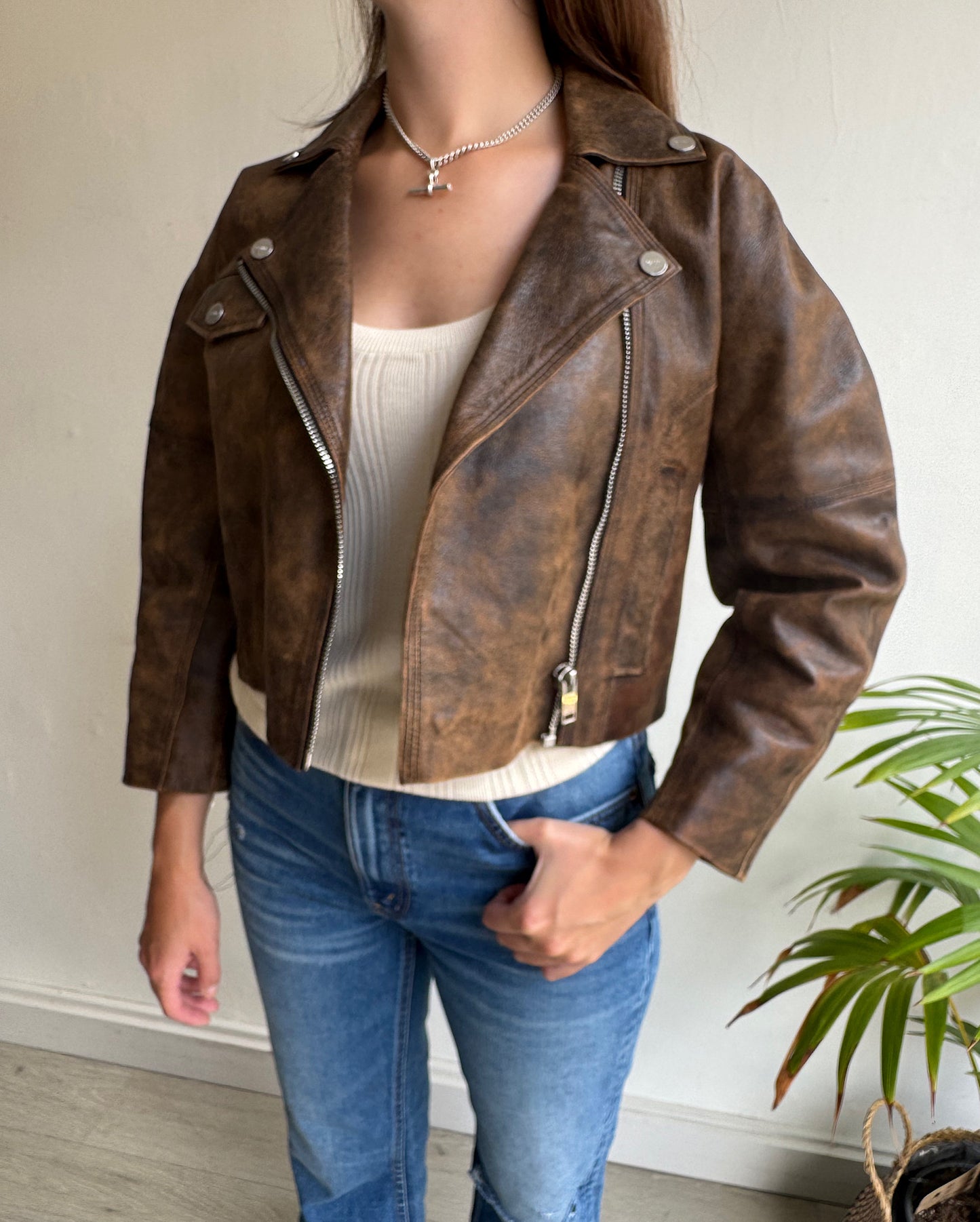 Brown Cropped Leather Jacket ~ Size XS