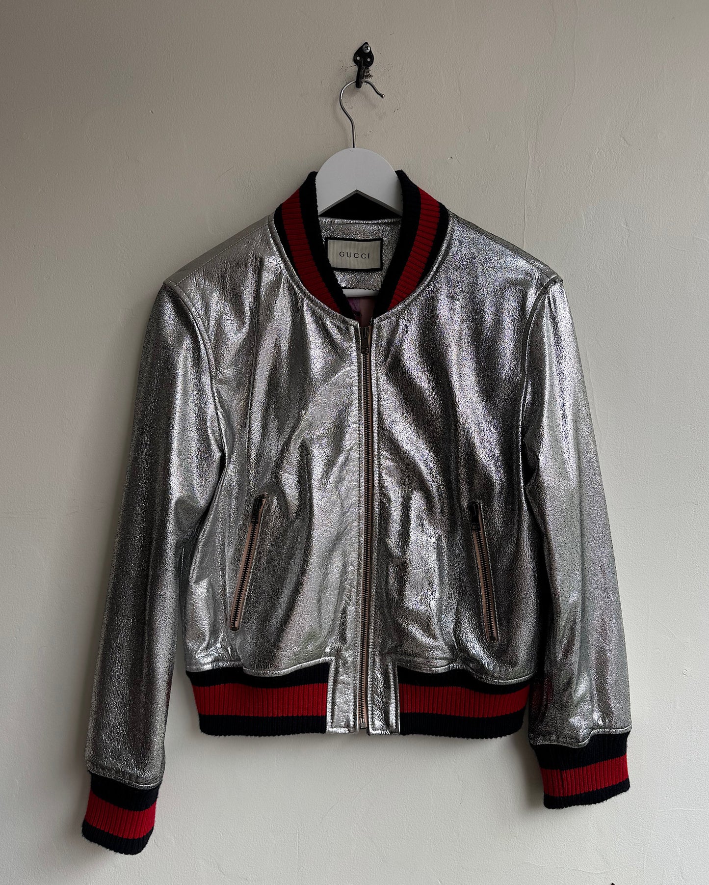 Silver Leather Bomber Jacket ~ Size 8