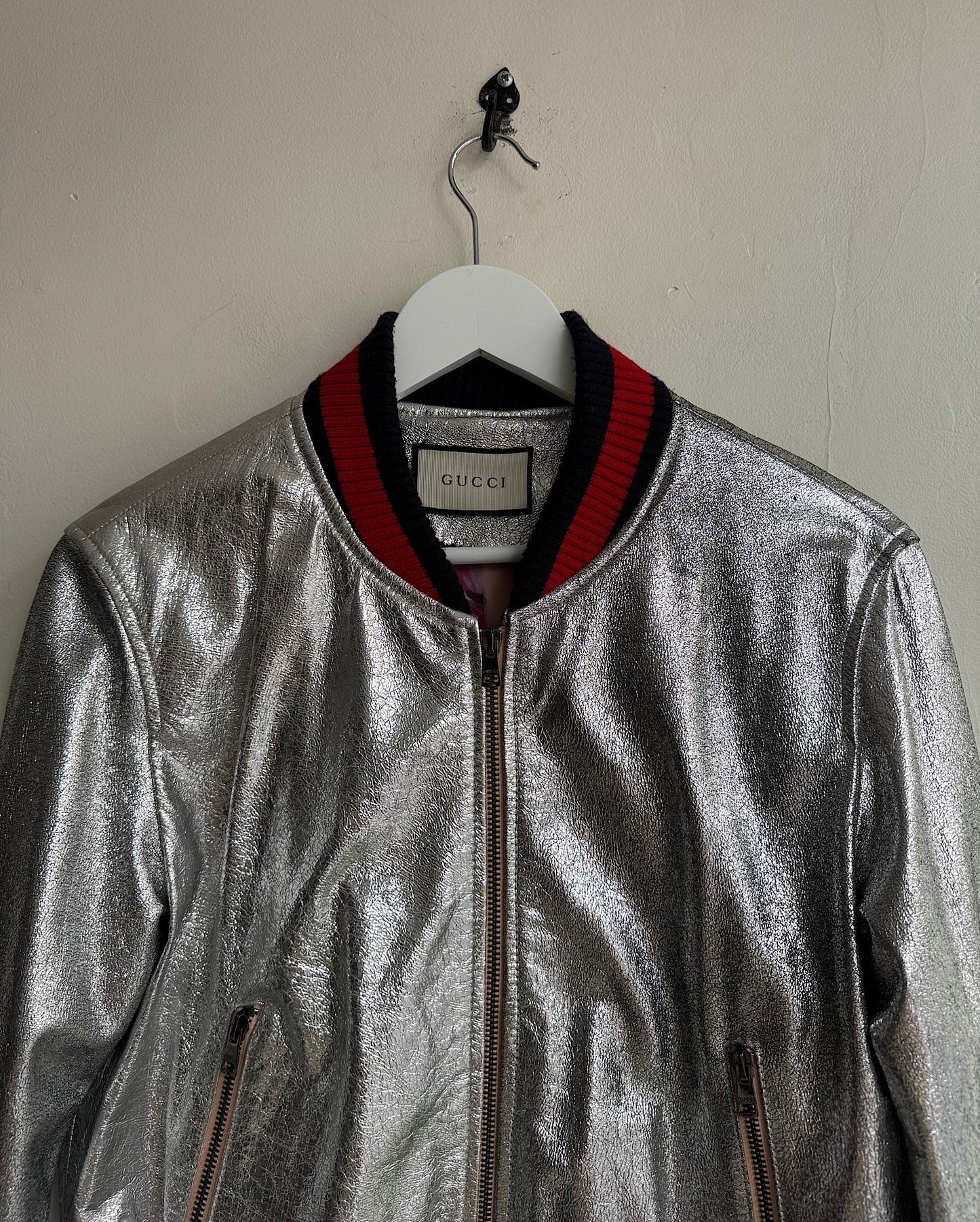 Silver Leather Bomber Jacket ~ Size 8