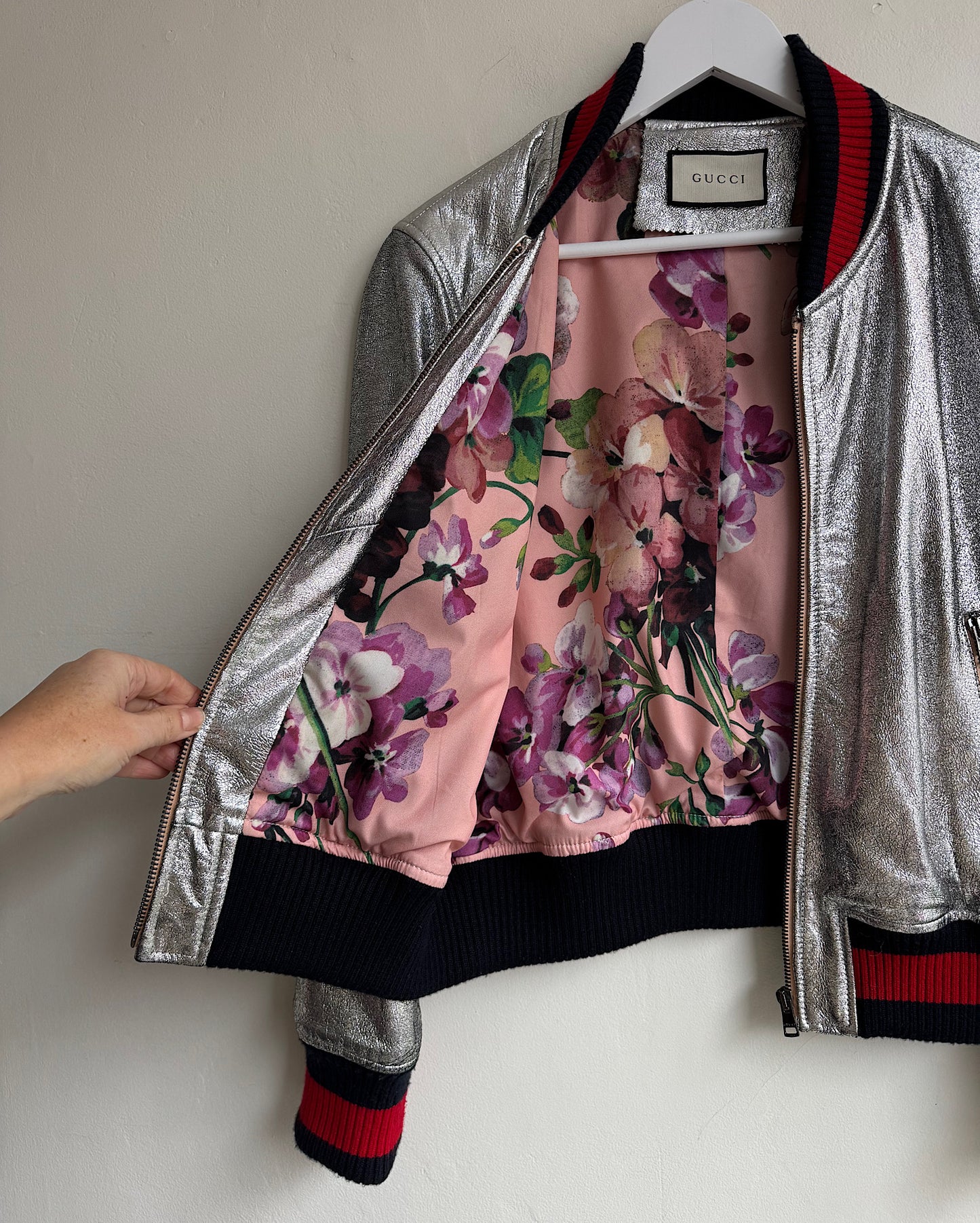 Silver Leather Bomber Jacket ~ Size 8