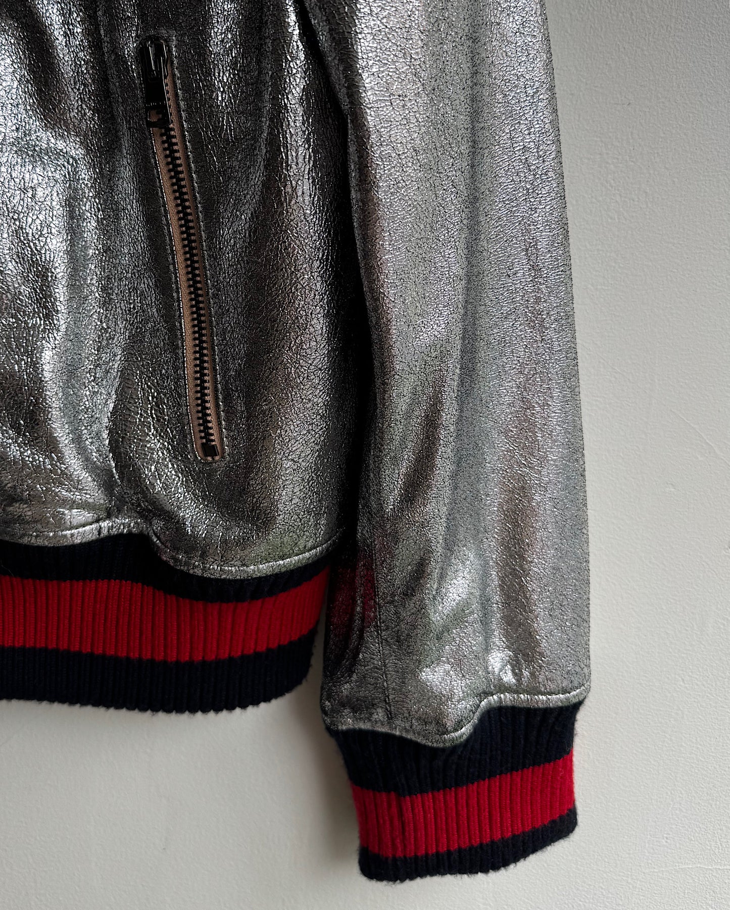 Silver Leather Bomber Jacket ~ Size 8