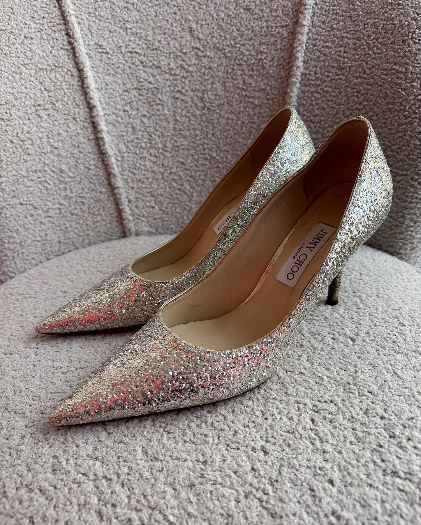 Jimmy Choo Silver Glittery Heels ~ Size 8