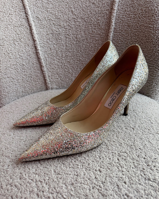 Jimmy Choo Silver Glittery Heels ~ Size 8
