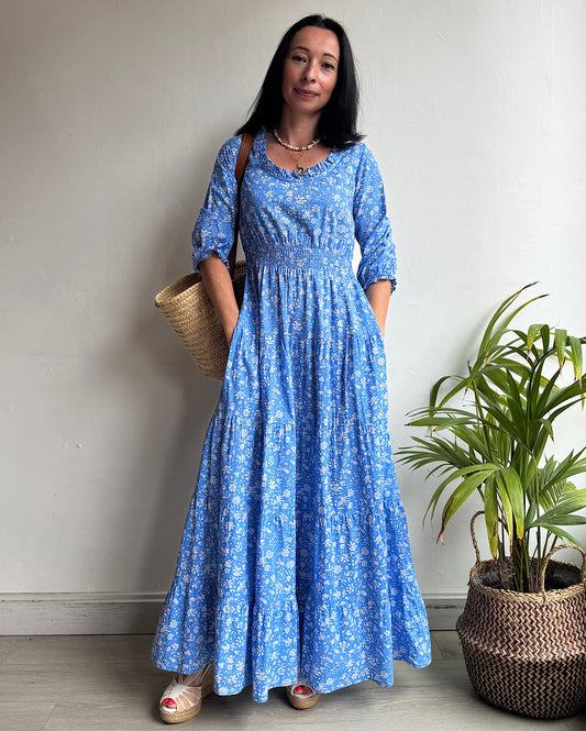 Pink City Prints Blue Floral Dress ~ Size XS