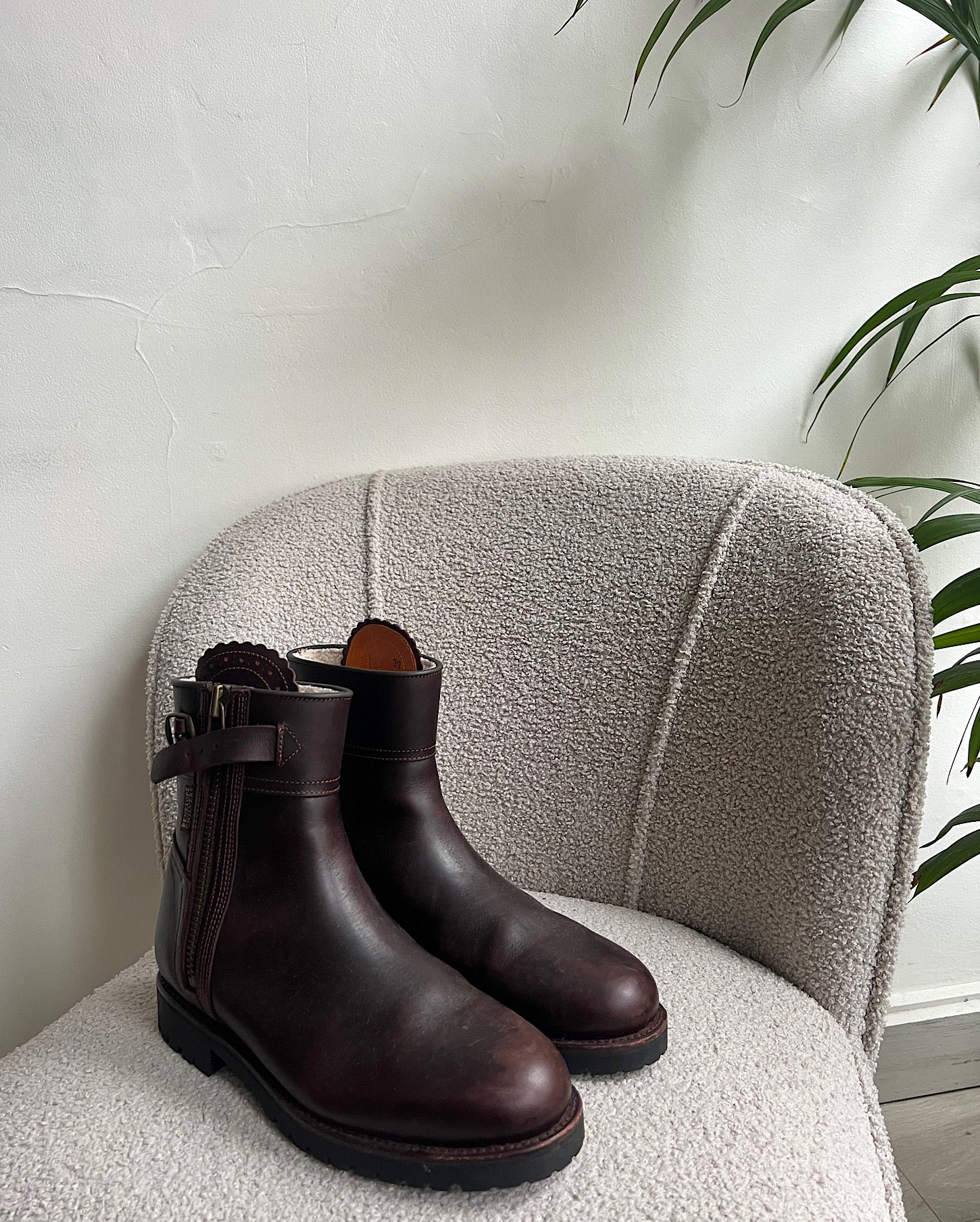 Brown Penelope Chilvers Leather Boots ~ Size 6 on grey chair