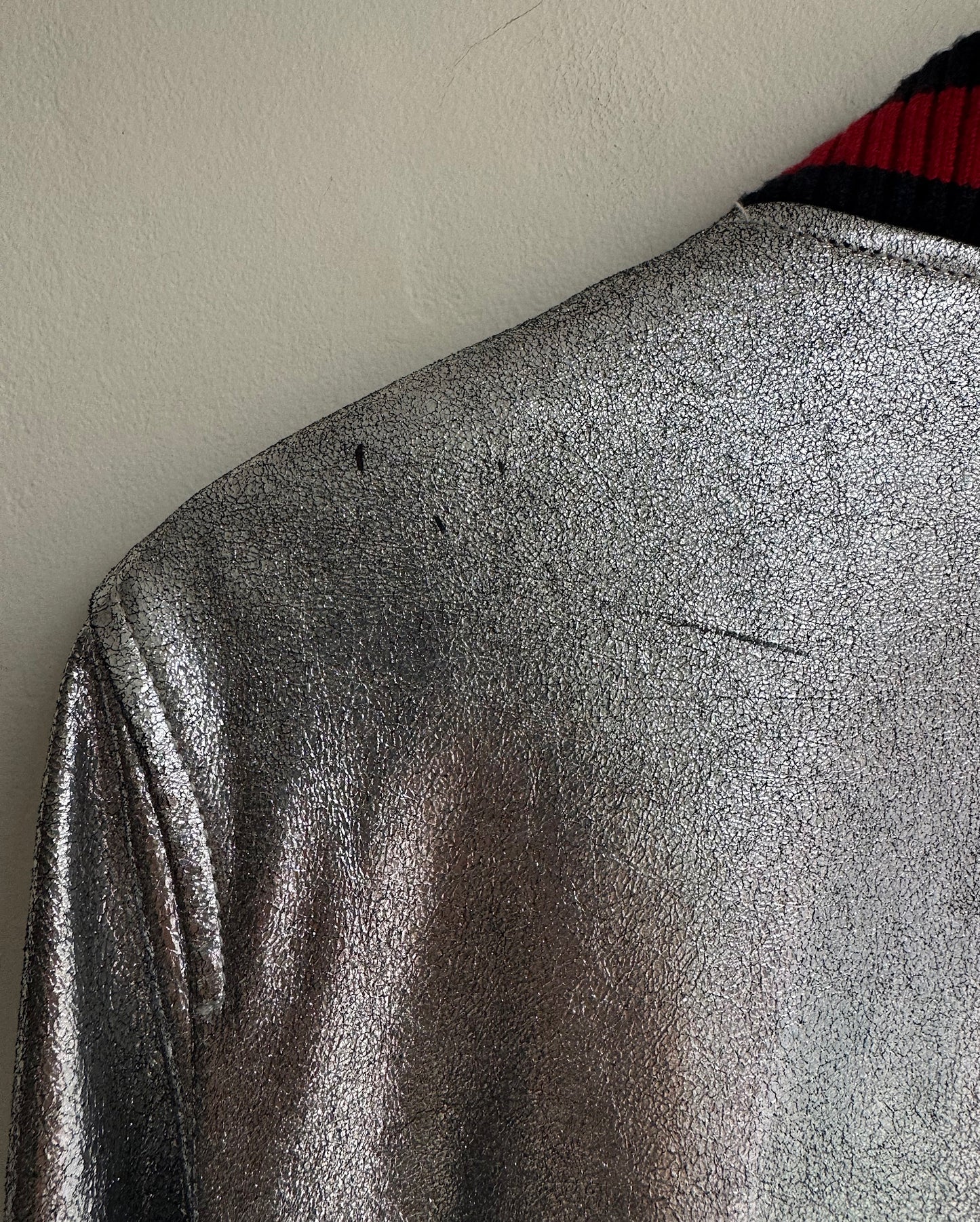 Silver Leather Bomber Jacket ~ Size 8