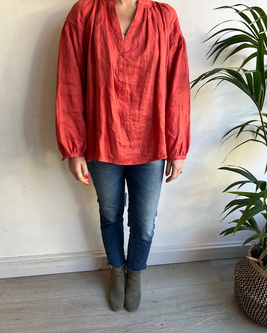 Red Linen Blouse ~ Size S