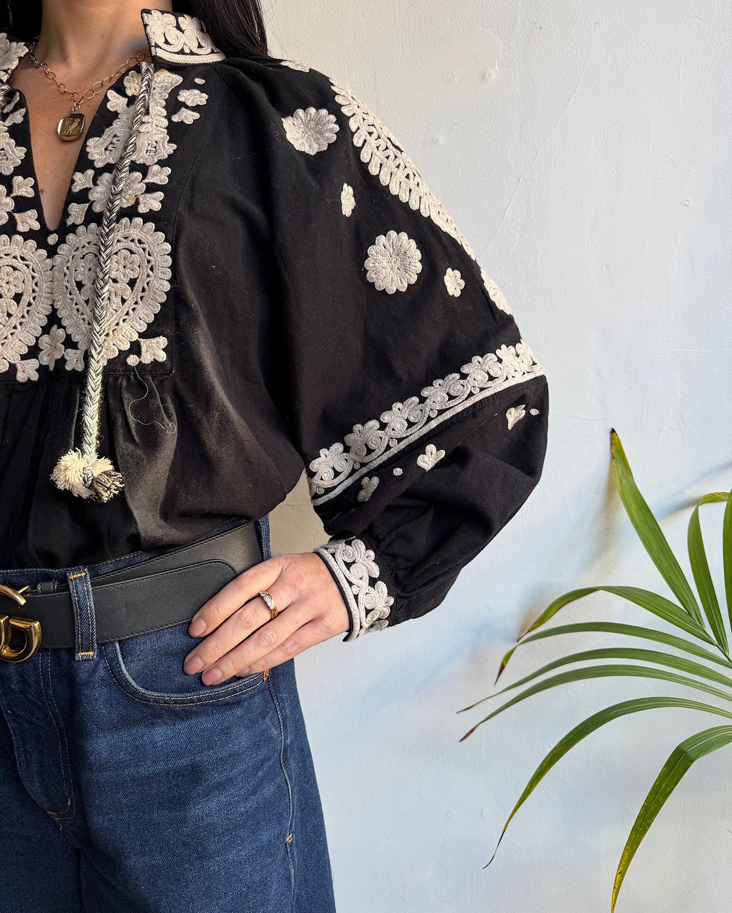 Black Embroidered Blouse ~ Size S