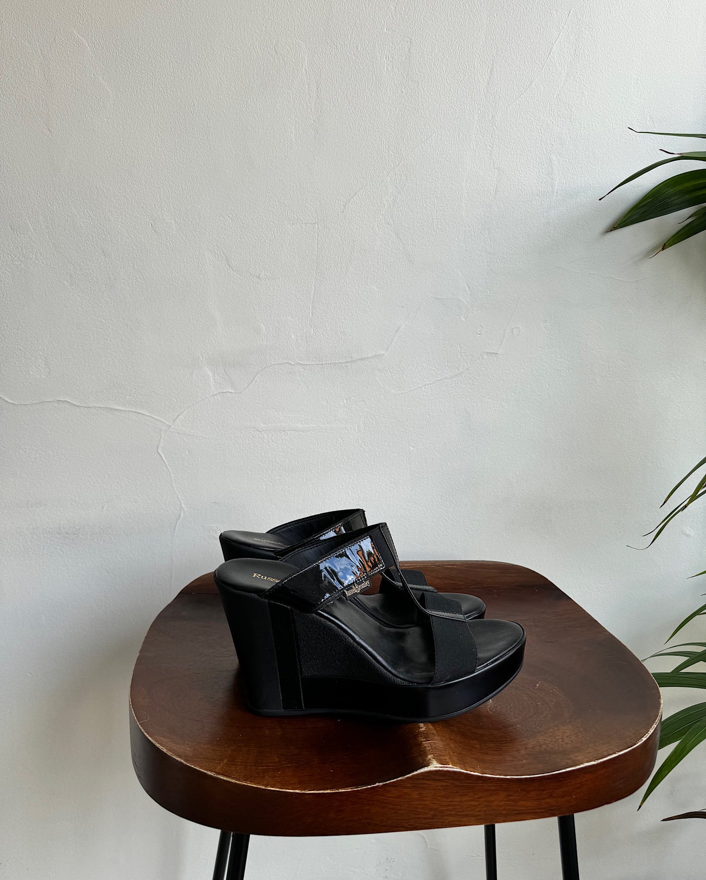 Black Russell & Bromley Wedges ~ Size 4 on wooden seat