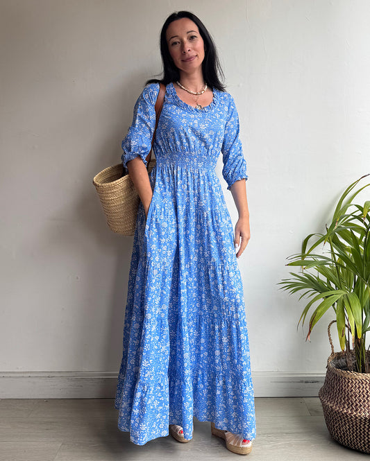 Pink City Prints Blue Floral Dress ~ Size XS