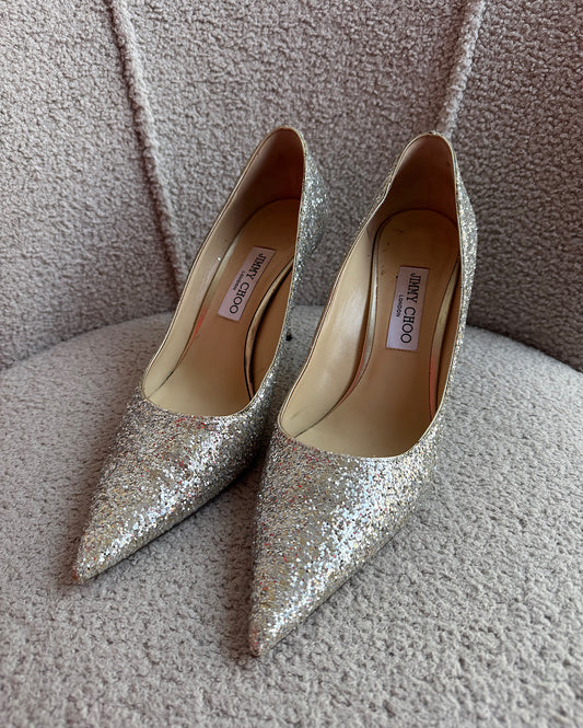 Jimmy Choo Silver Glittery Heels ~ Size 8