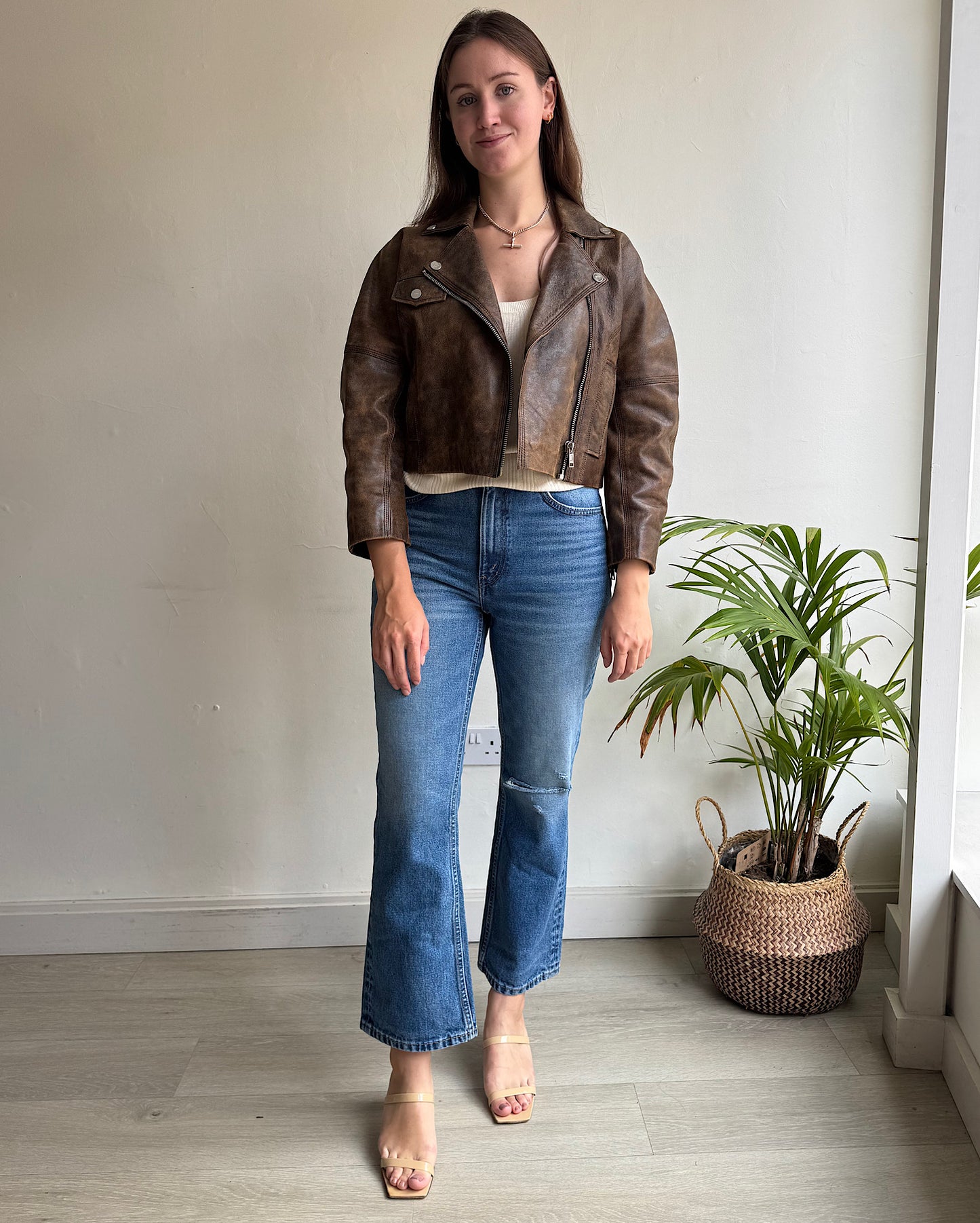 Brown Cropped Leather Jacket ~ Size XS