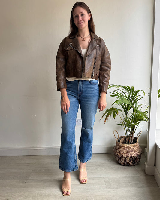 Brown Cropped Leather Jacket ~ Size XS