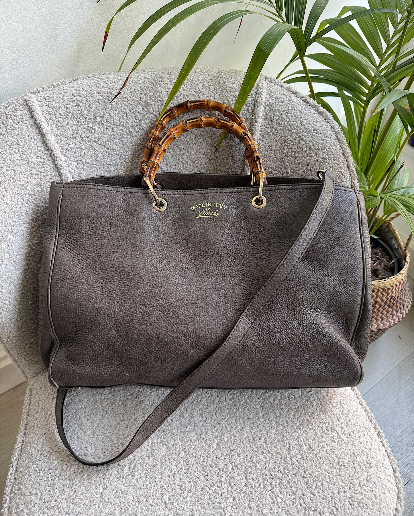 Brown Leather Bamboo Handle Tote