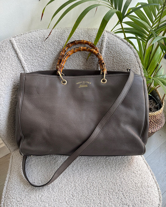 Brown Leather Bamboo Handle Tote