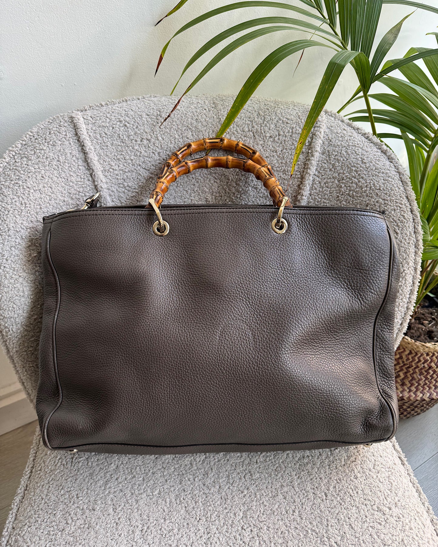 Brown Leather Bamboo Handle Tote