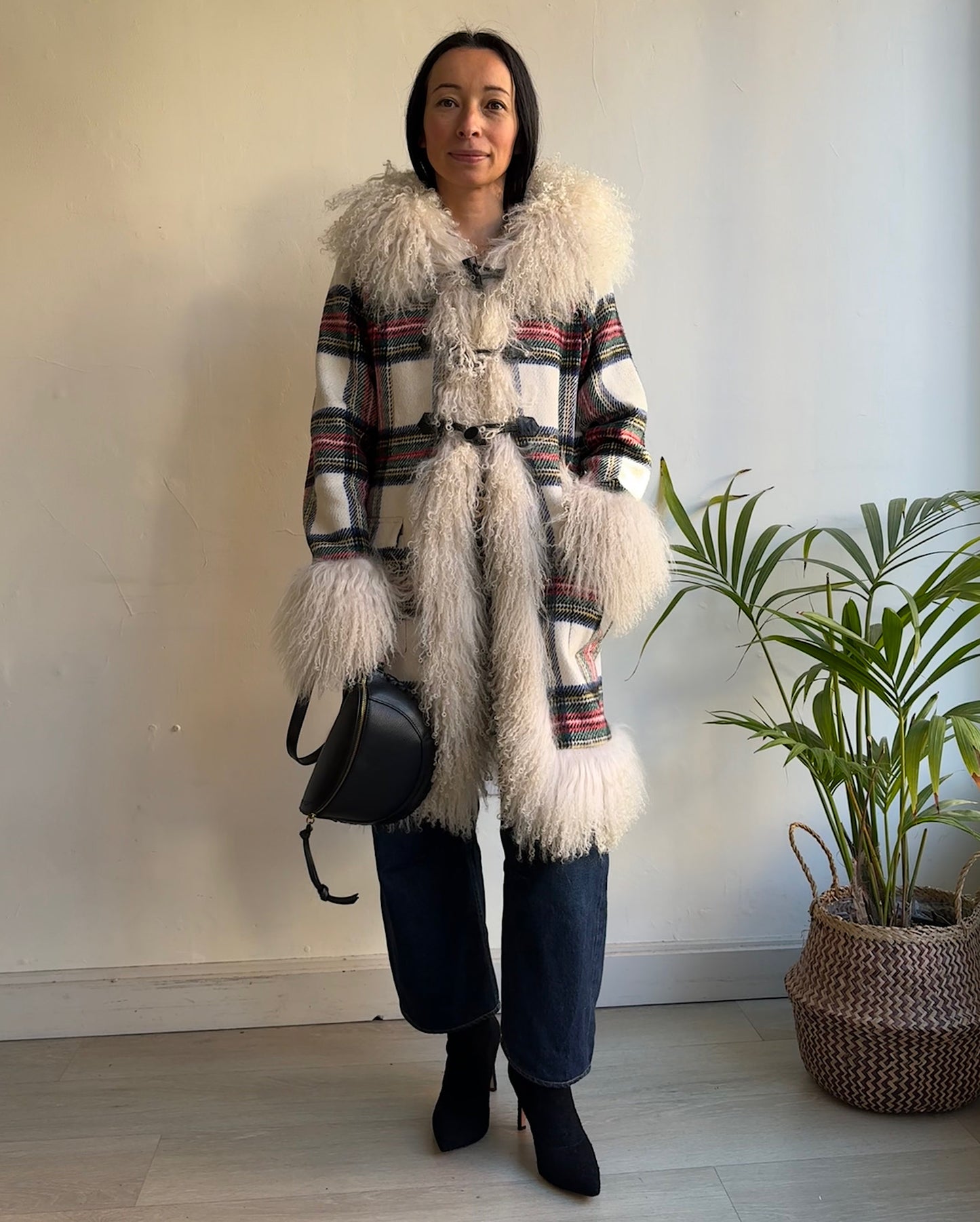 Tartan & Shearling Coat ~ Size L