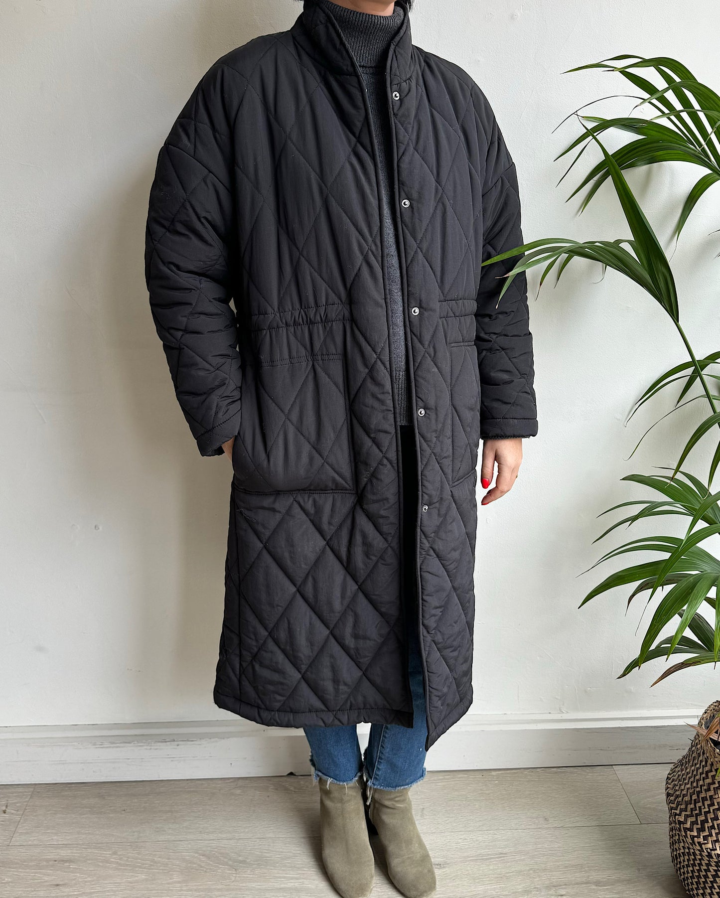 Black Bash Quilted Coat ~ Size XS with hand in pocket