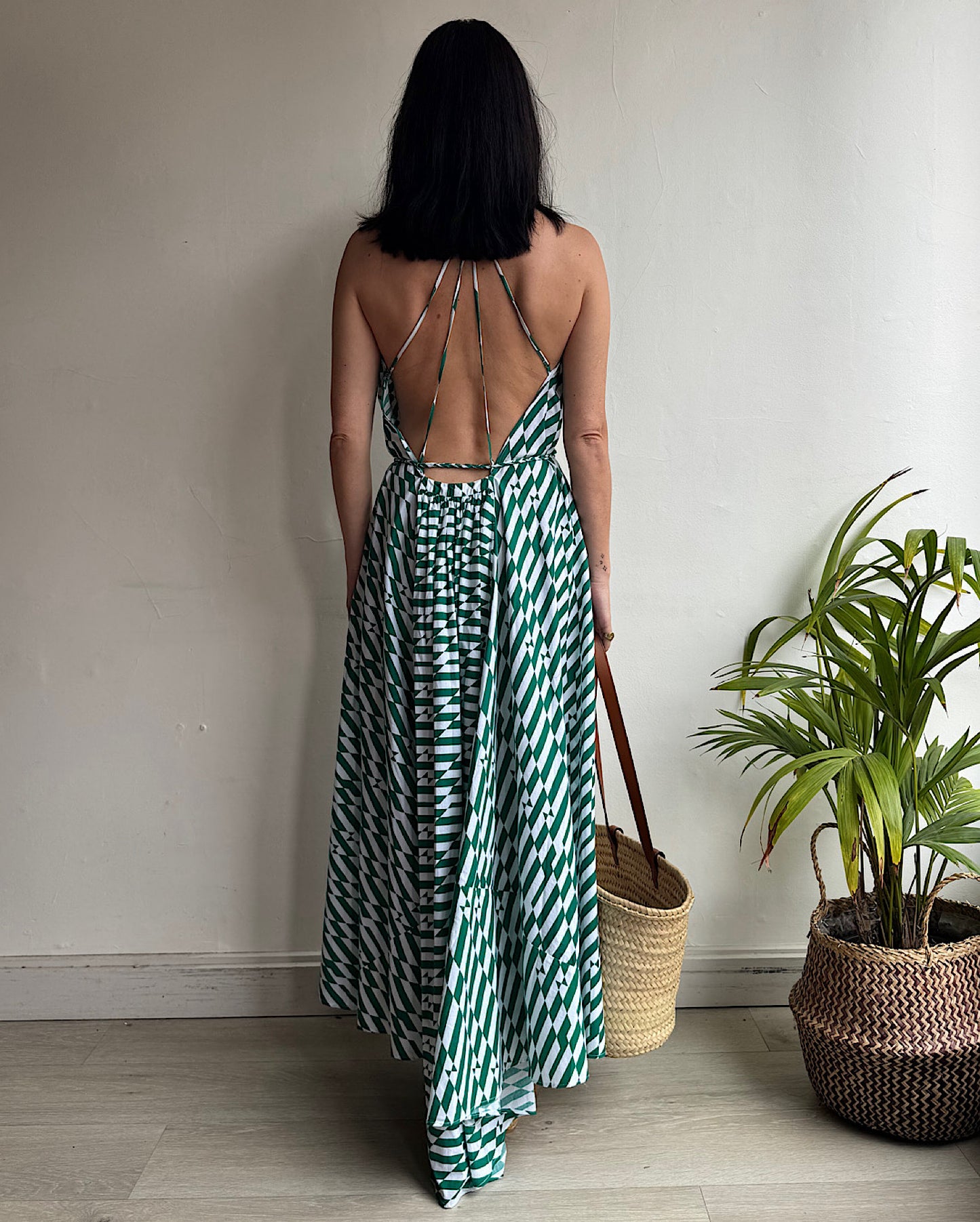 Alexandra Miro Green White Backless Dress ~ Size XS