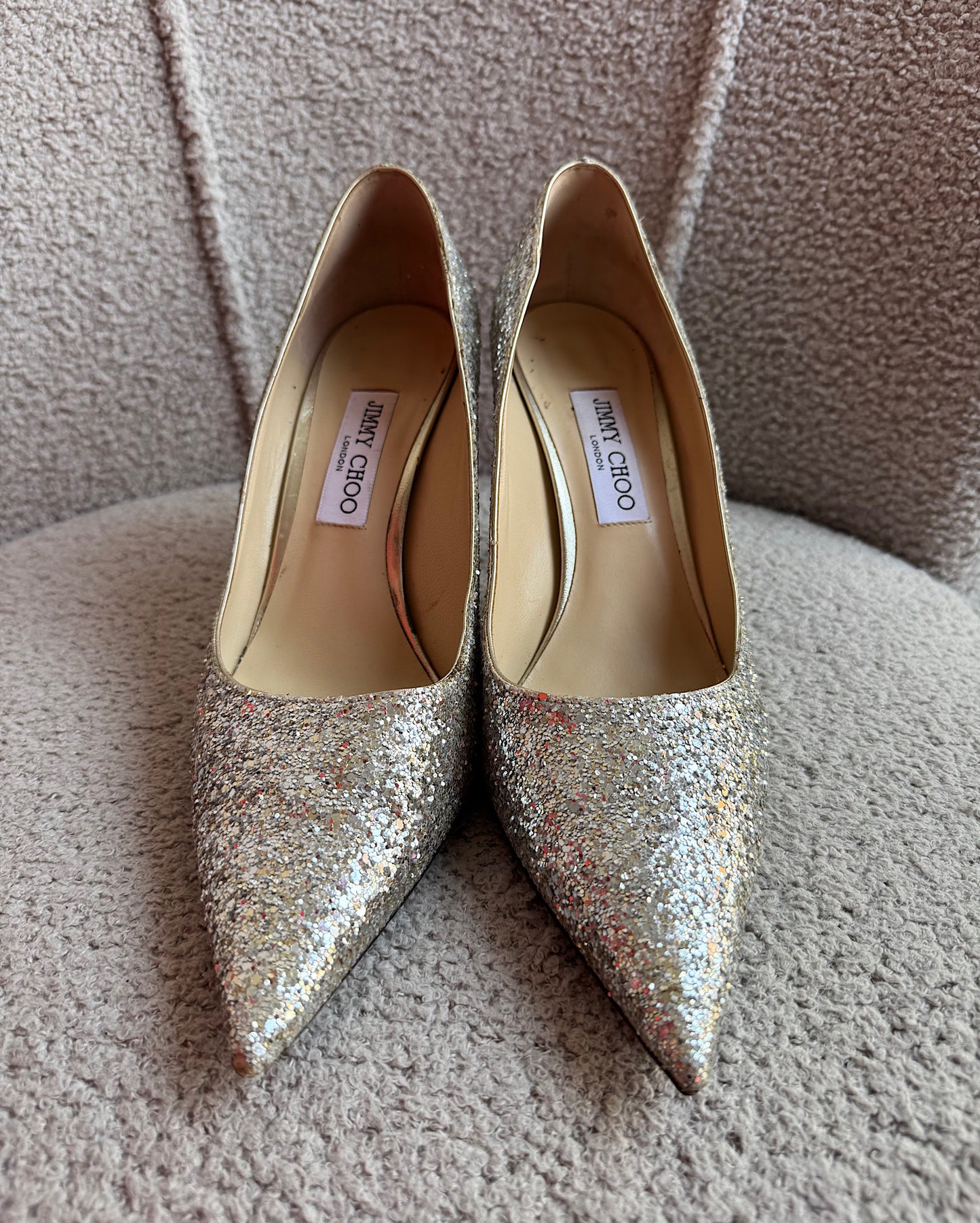 Jimmy Choo Silver Glittery Heels ~ Size 8