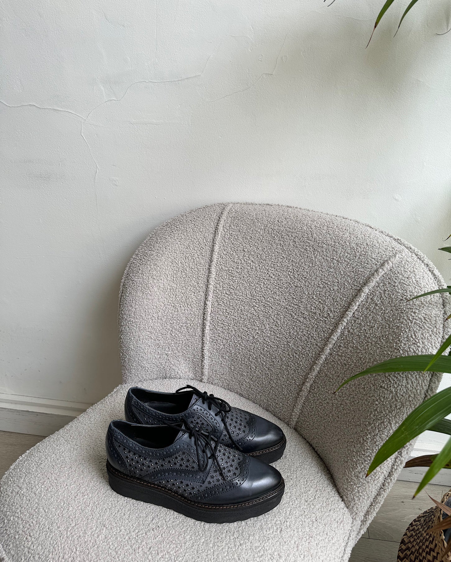 Black Donna Piu Platform Shoes ~ Size 4 on armchair