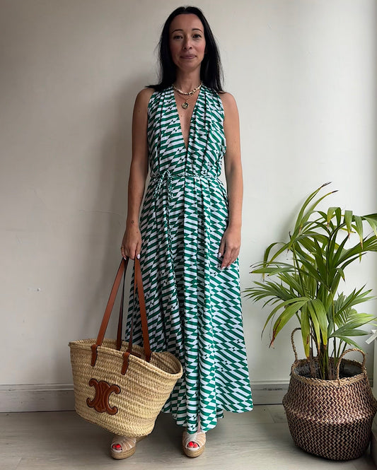 Alexandra Miro Green White Backless Dress ~ Size XS