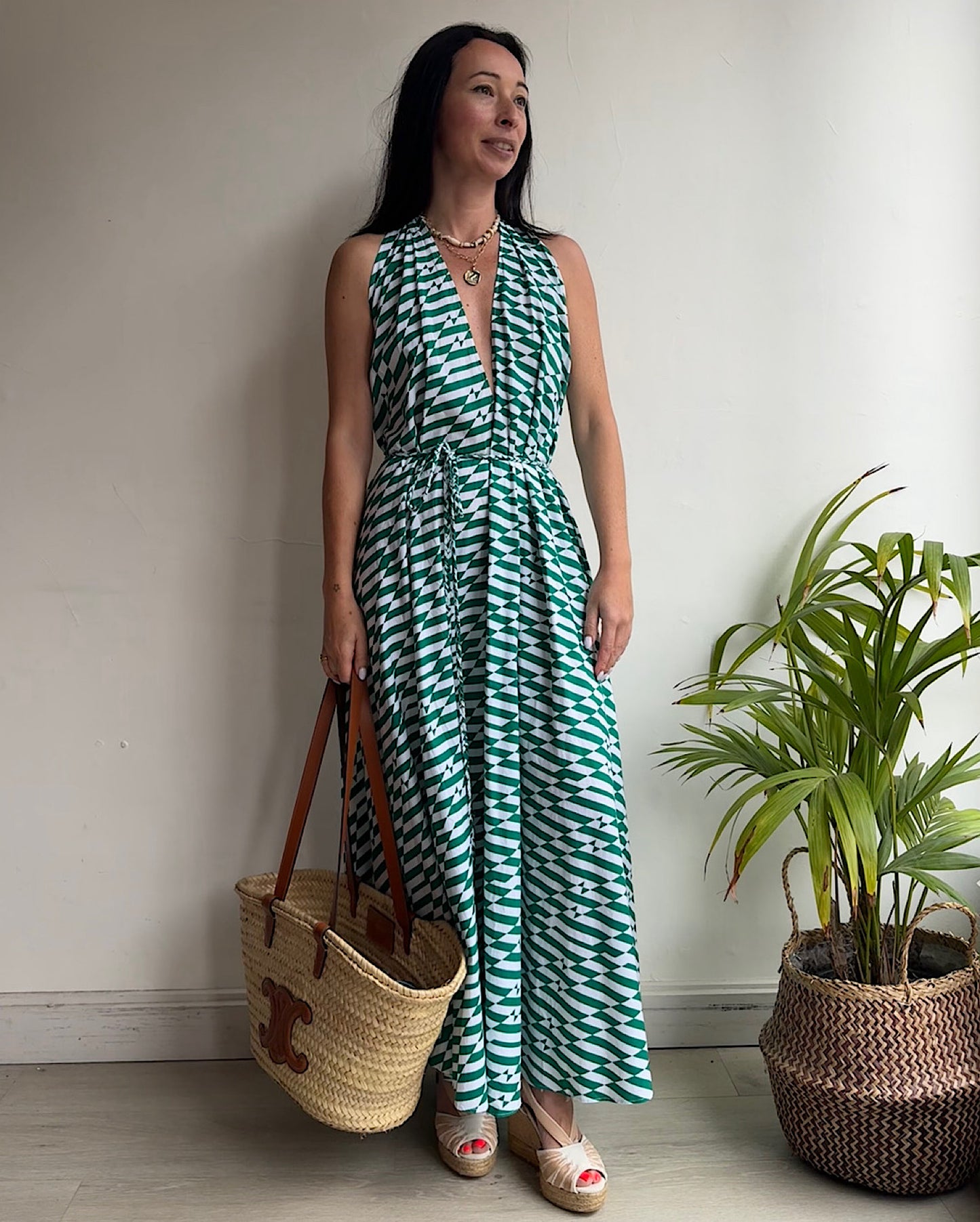 Alexandra Miro Green White Backless Dress ~ Size XS