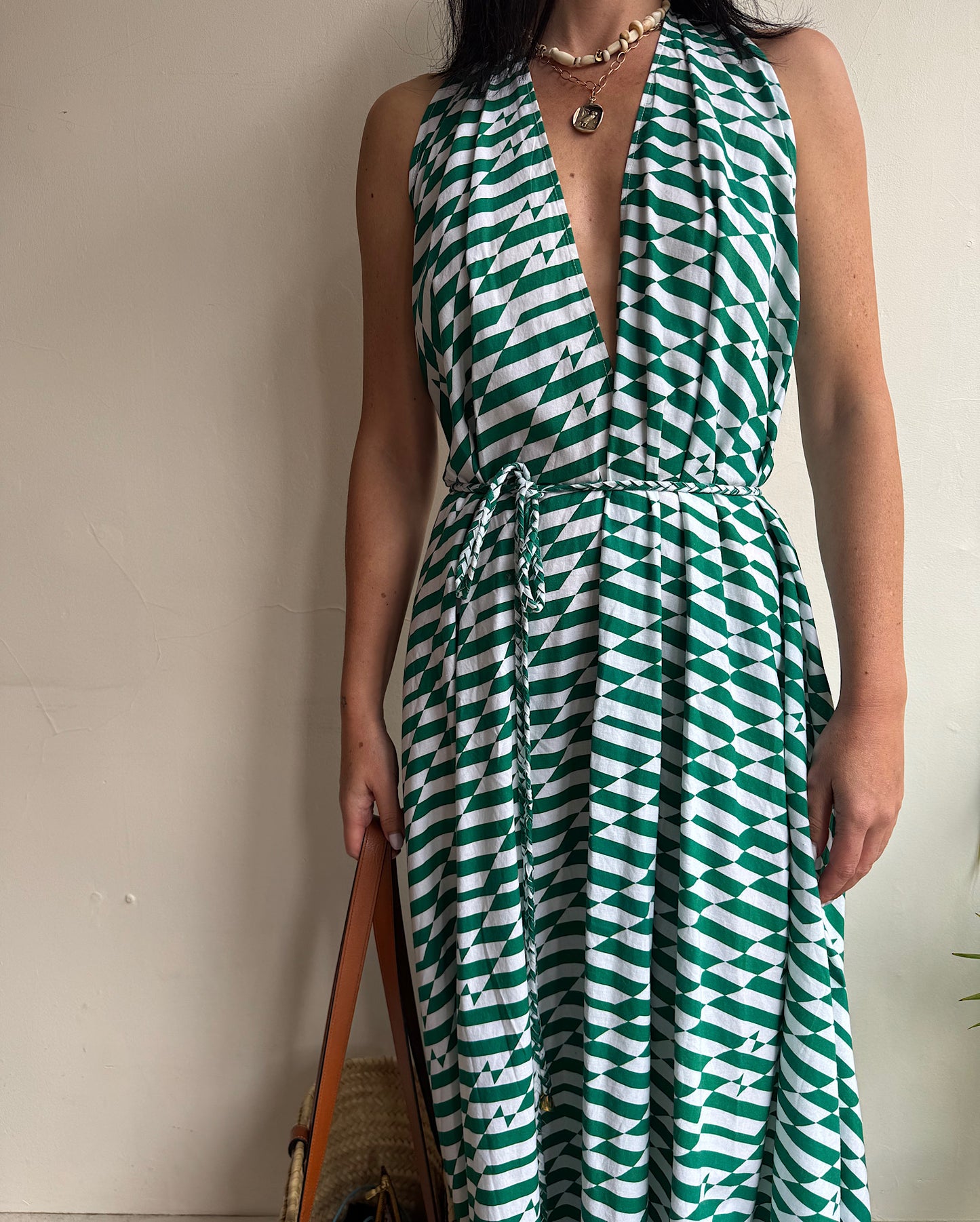 Alexandra Miro Green White Backless Dress ~ Size XS