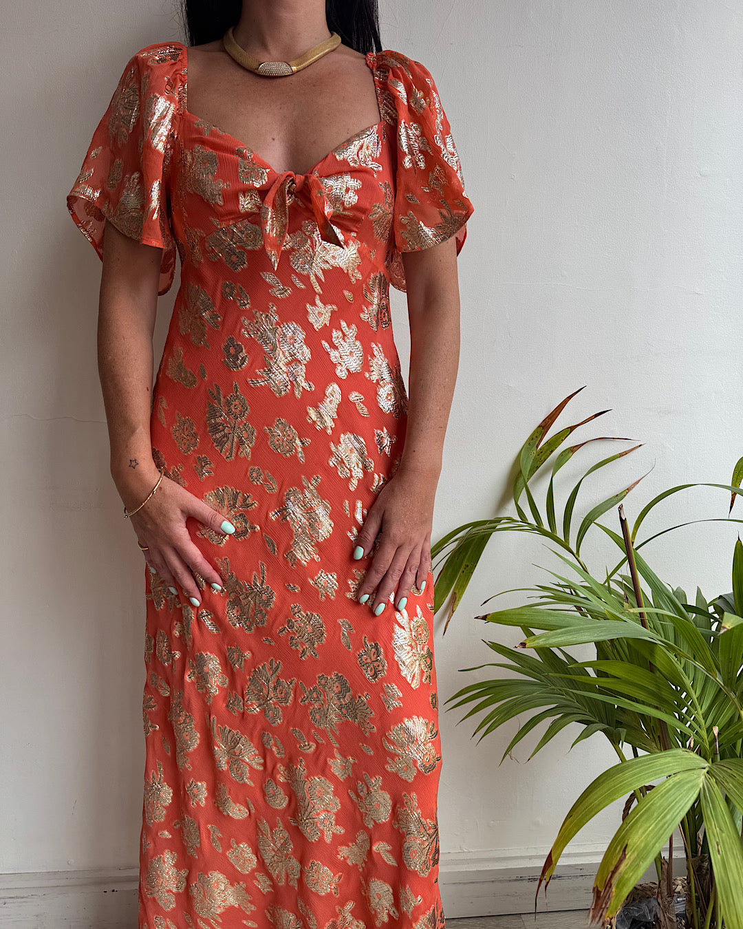Rixo Paltrow Orange Gold Lurex Dress ~ Size XS
