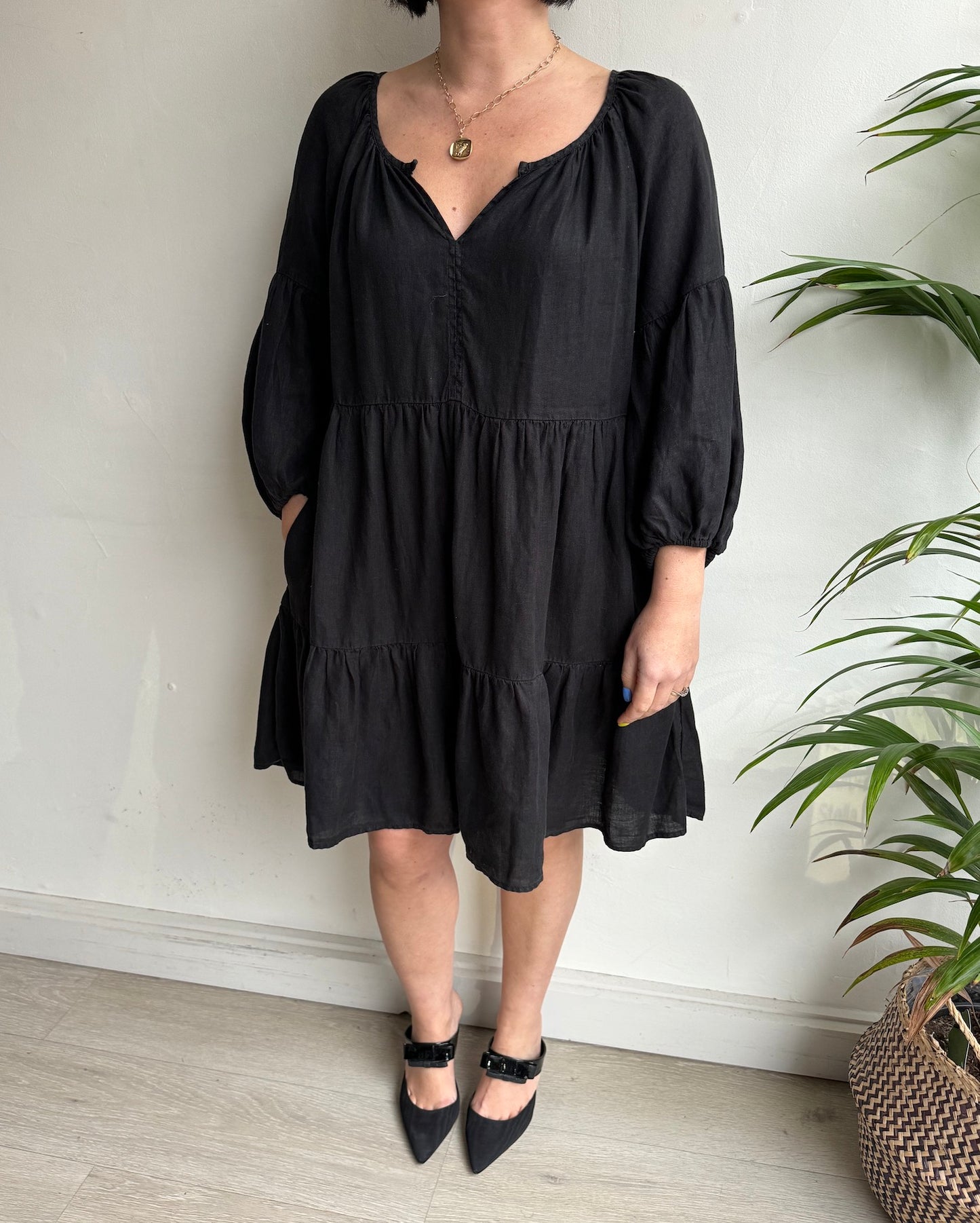 Black Velvet Linen Dress ~ Size S full length with black heels