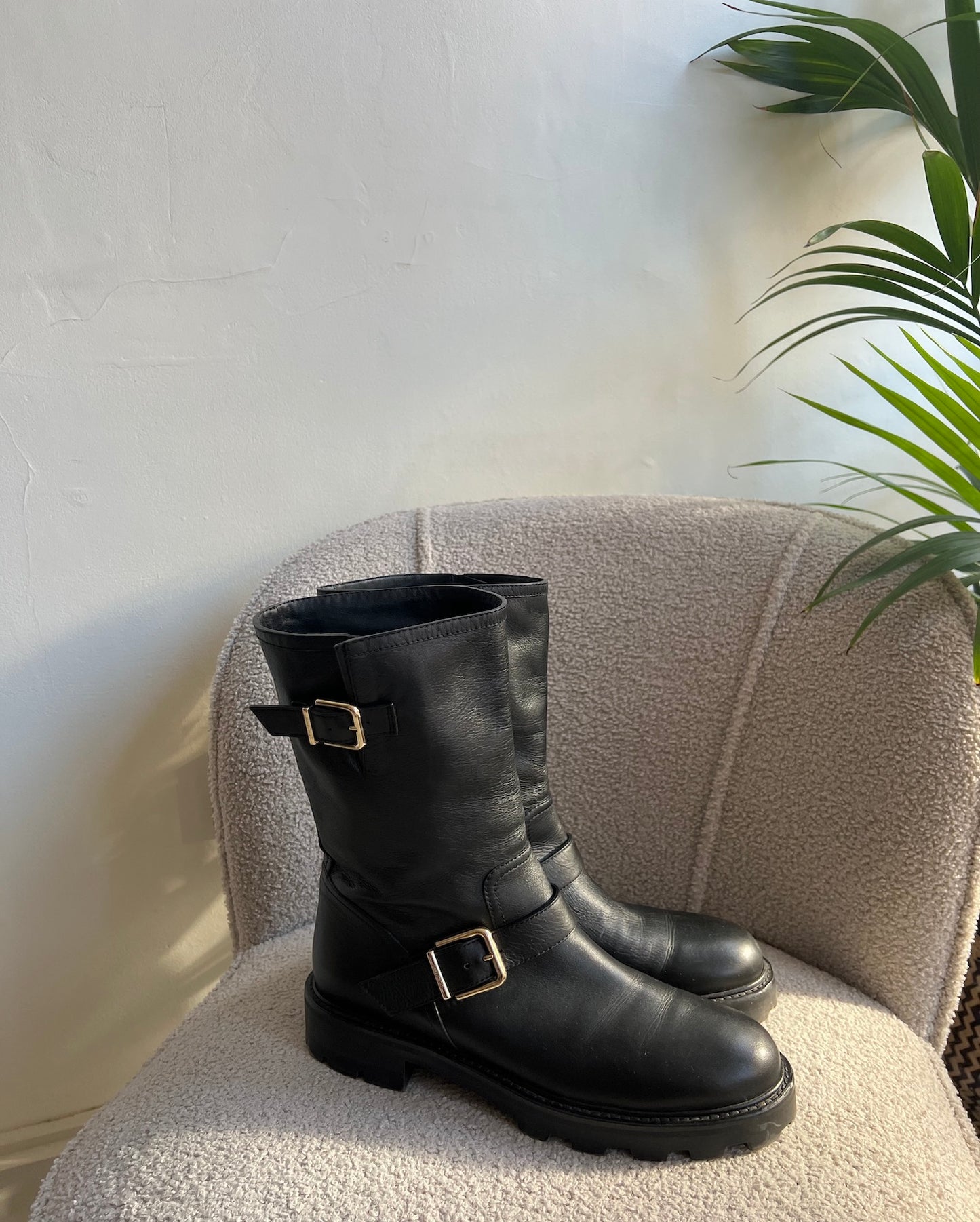 Black Buckle Leather Boots ~ Size 7.5