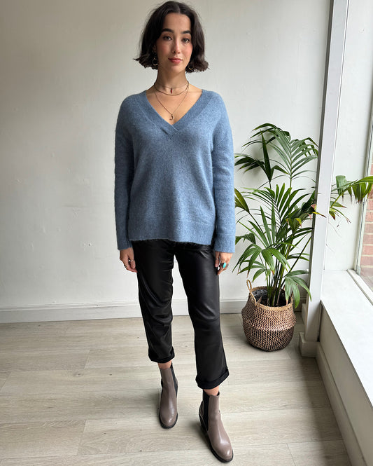 Front view of blue Bisana knit by Malene Birger