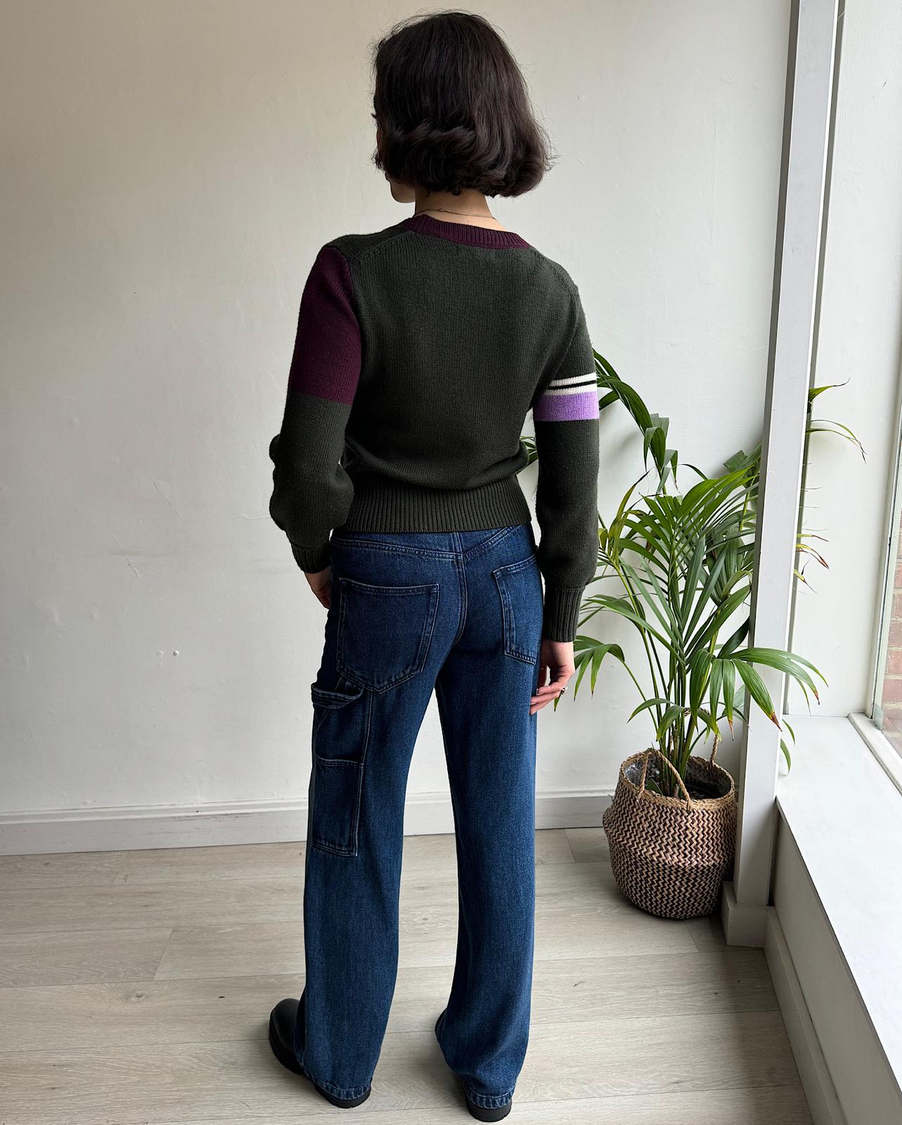 Back view of beautiful cosy khaki and purple v-neck cardi from Chinti &amp; Parker.