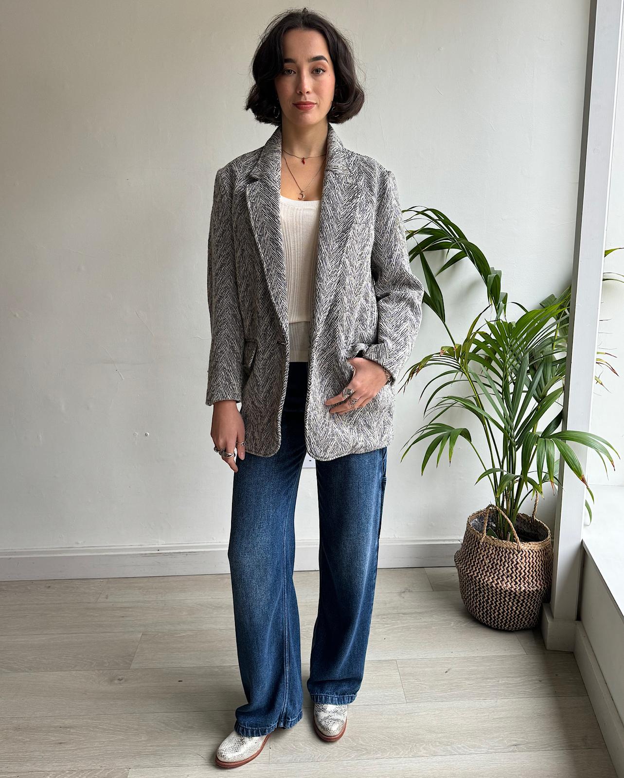 Front view of black and white wool oversized jacket from Isabel Marant Etoile.