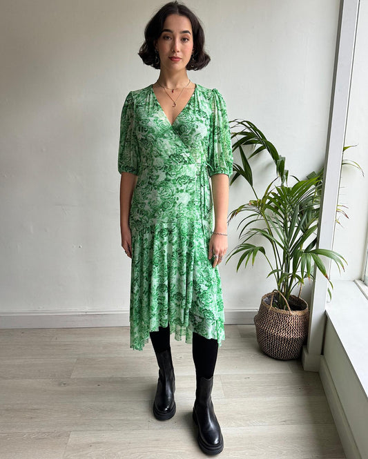 Front view of green floral wrap dress from Ganni